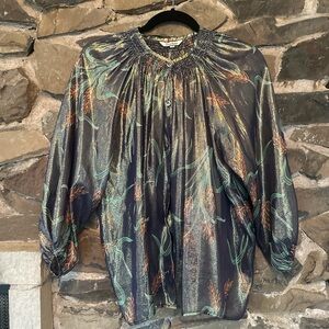 Tucker Green and blue silk blouse with a boho touch